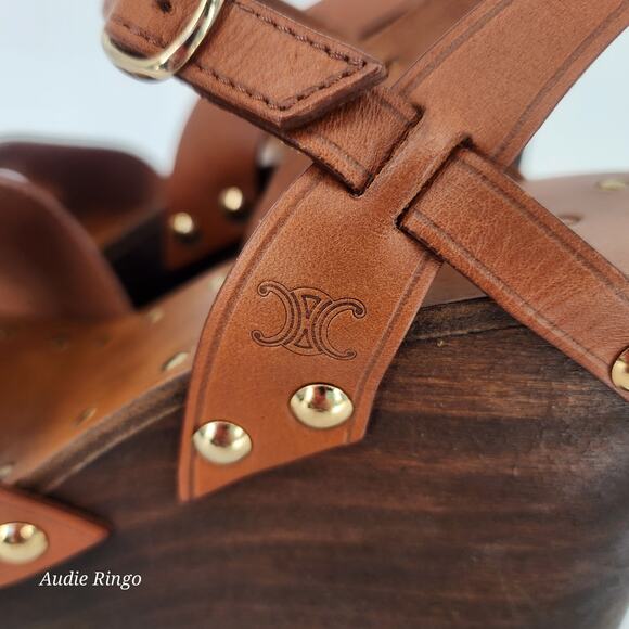 Celine Wooden Platform Wedge Sandals Tan Leather Gold Studs 37 (US 7) - Picture 12 of 17